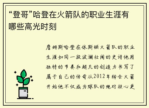 “登哥”哈登在火箭队的职业生涯有哪些高光时刻